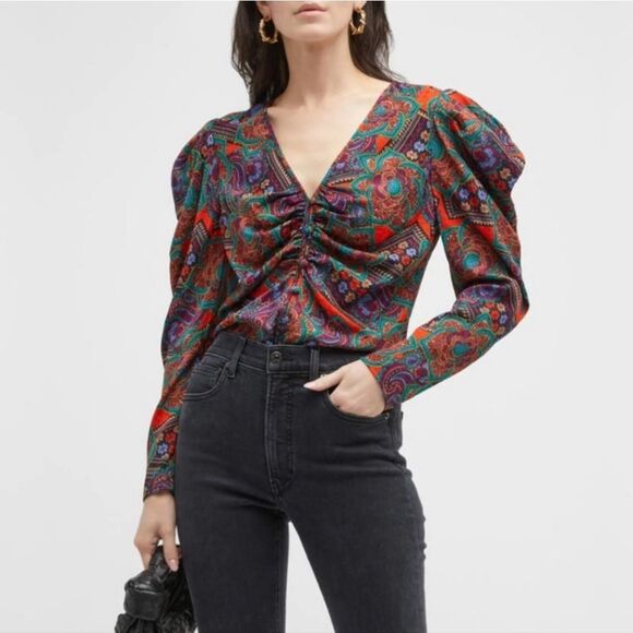 Veronica Beard Simmons Silk-Blend Puff-Sleeve Ruched Blouse Women's 4  - Small - Picture 1 of 12